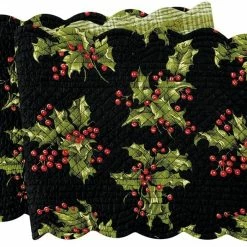 TheHolidayBarn.com April Cornell Quilted Holly Table Runner, Black