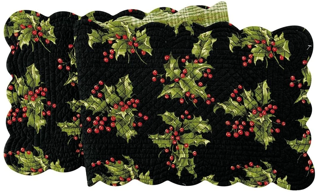 TheHolidayBarn.com April Cornell Quilted Holly Table Runner, Black