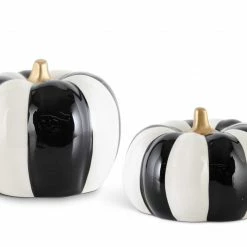 K&K Interiors Black & White Striped Pumpkins With Gold Stems New!