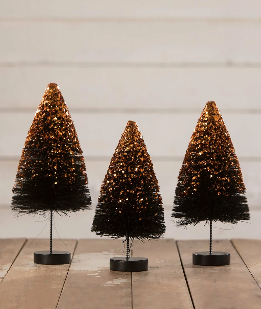 Bethany Lowe Black Bottle Brush Trees With Orange Glitter