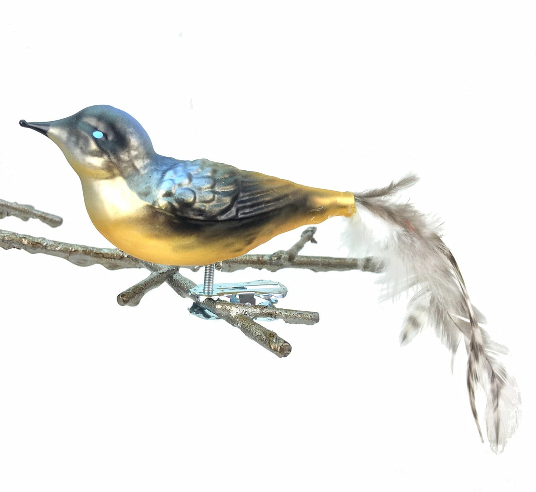 Old German Christmas Blue Gold Glass Bird Clip Ornament With Feathers