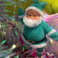 One Hundred 80 Degrees Colorful Retro Santa Ornaments, Flocked New!