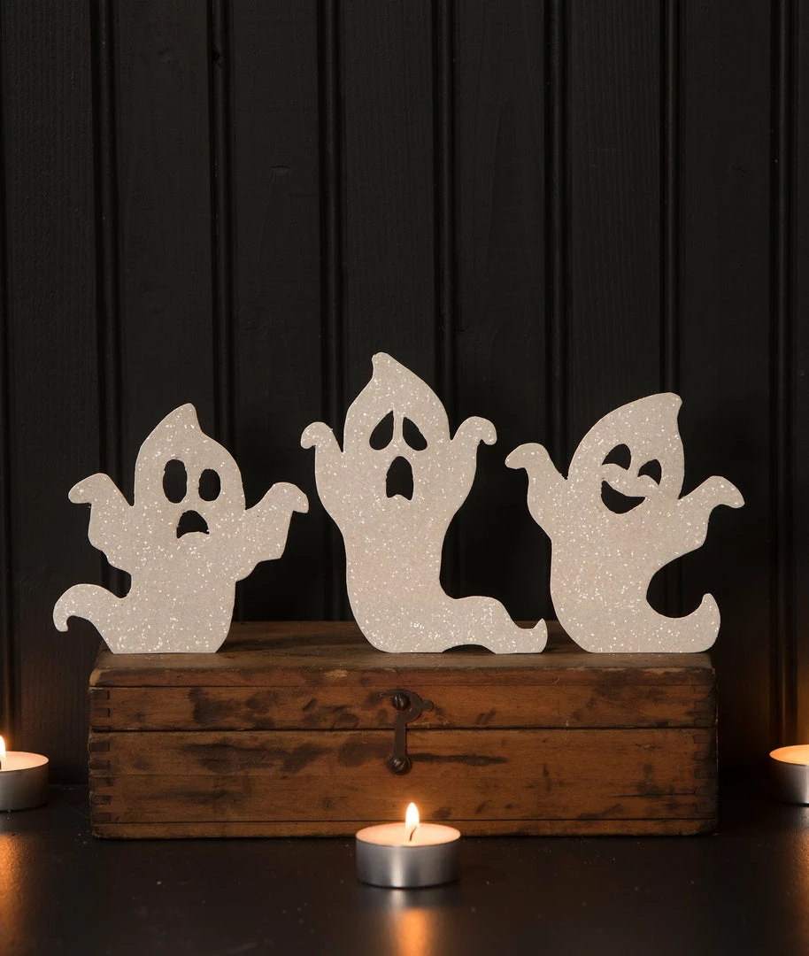Bethany Lowe Ghoulish Ghost Silhouettes With White Glitter New!