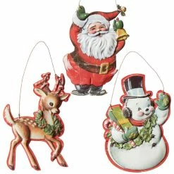 Raz Retro Christmas Tin Ornaments, Santa, Reindeer, Snowman