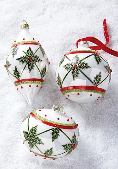 Raz Jeweled Holly Glass Ornaments