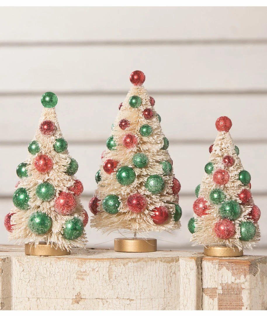 Bethany Lowe New! Jolly Bottle Brush Trees With Red And Green Balls