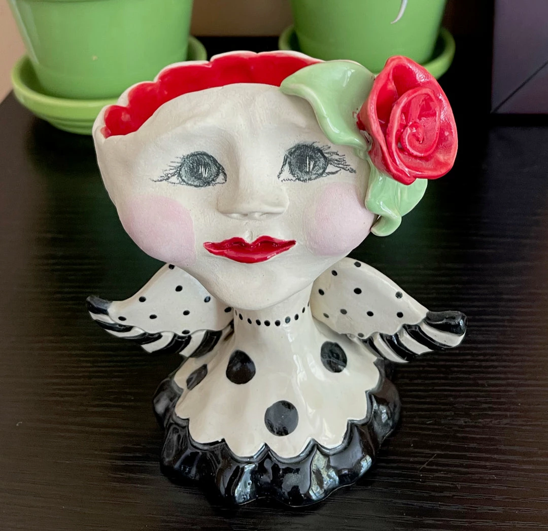 Teyros New! Lady Head Art Pottery Container, Angel Rose