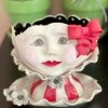 Teyros Lady Head Art Pottery Planter With Tray, Red Bow New!