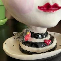 Teyros Lady Head Art Pottery Planter With Tray, Love Bird