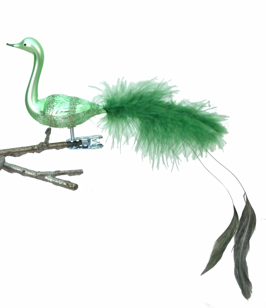 Old German Christmas Light Green Bird Clip Ornament With Fancy Tail Feathers