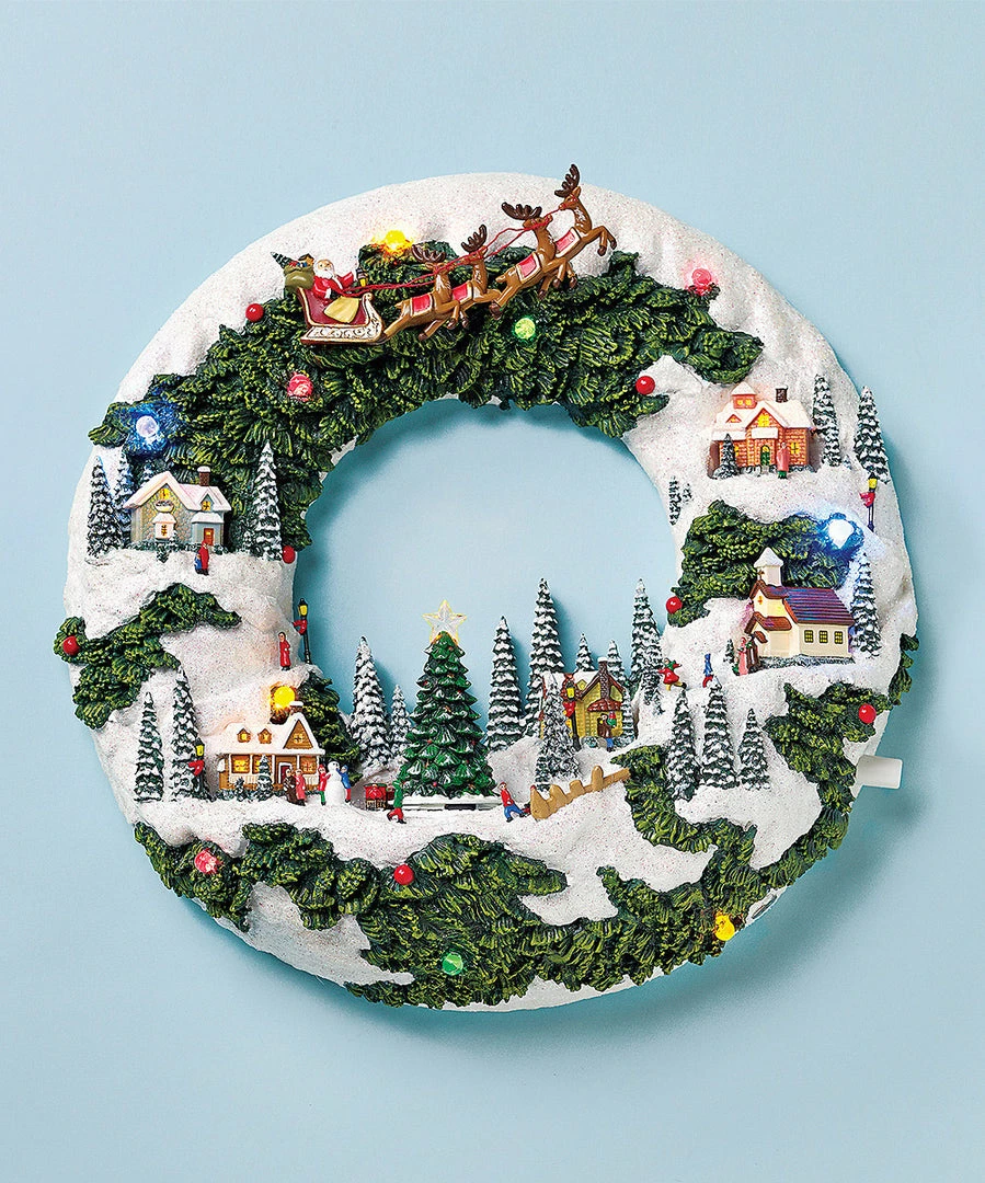 The Holiday Barn Musical Christmas Wreath Village Scene