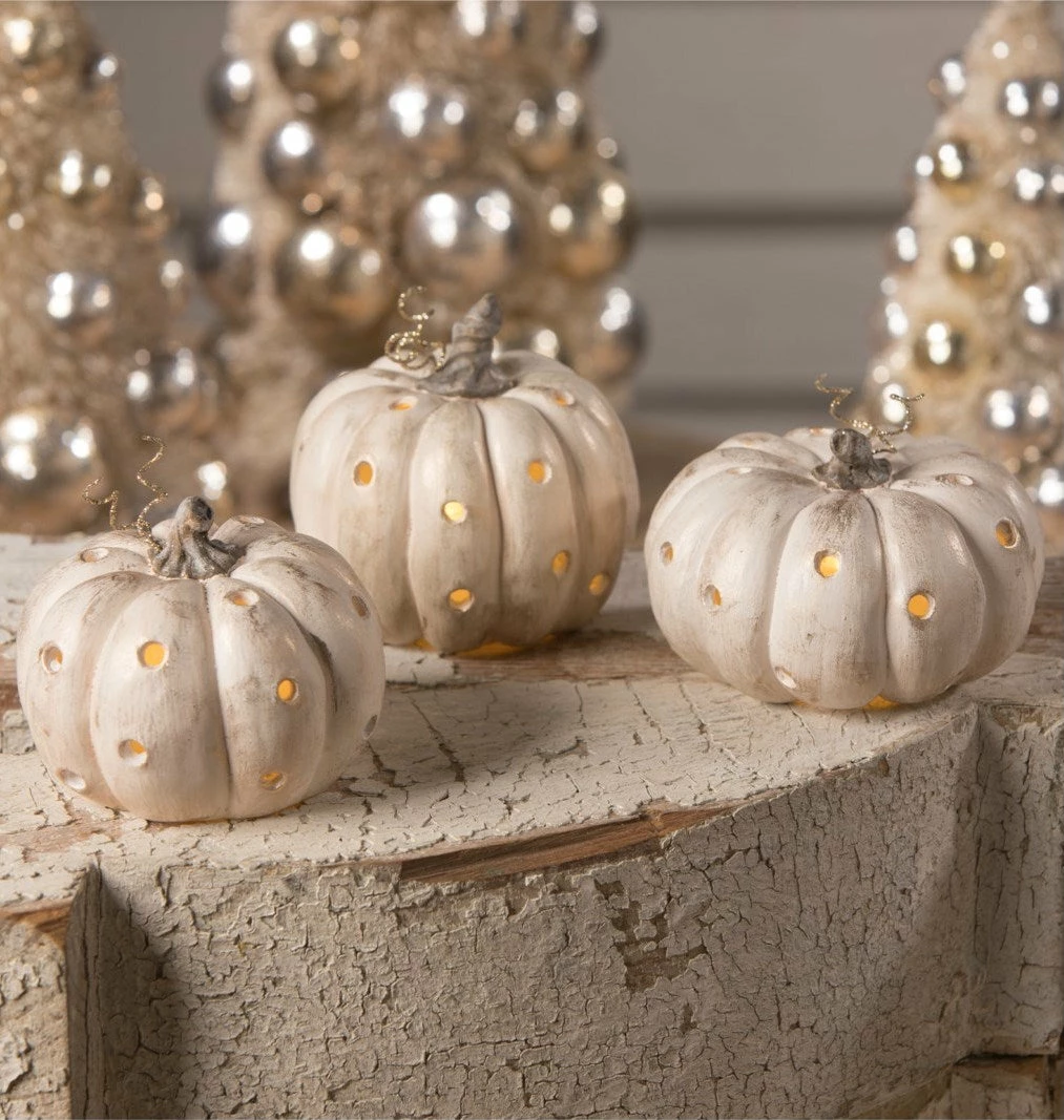 Bethany Lowe Polka Dot Pumpkin Luminaries, Ivory & Gold