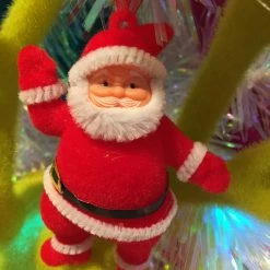 One Hundred 80 Degrees Colorful Retro Santa Ornaments, Flocked New!