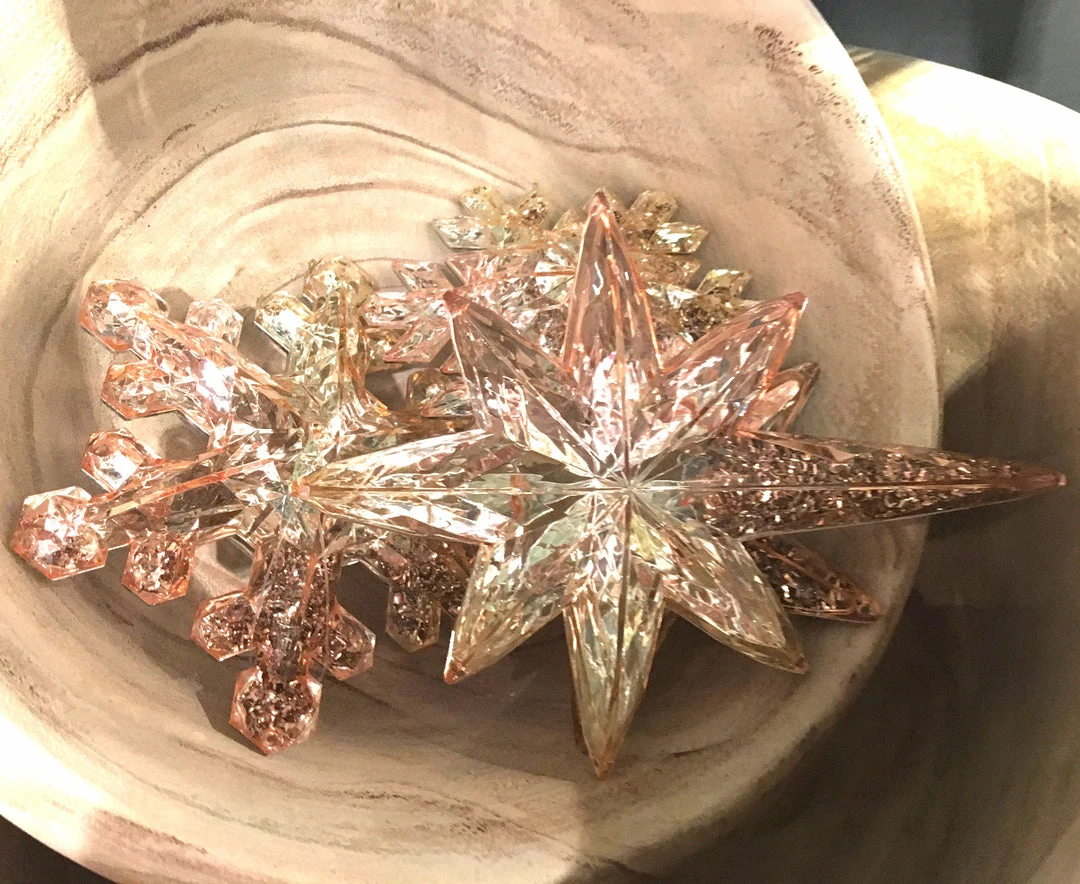 One Hundred 80 Degrees Christmas Glitter Filled Rose Gold Snowflake And Star Ornaments & Bowl Fillers
