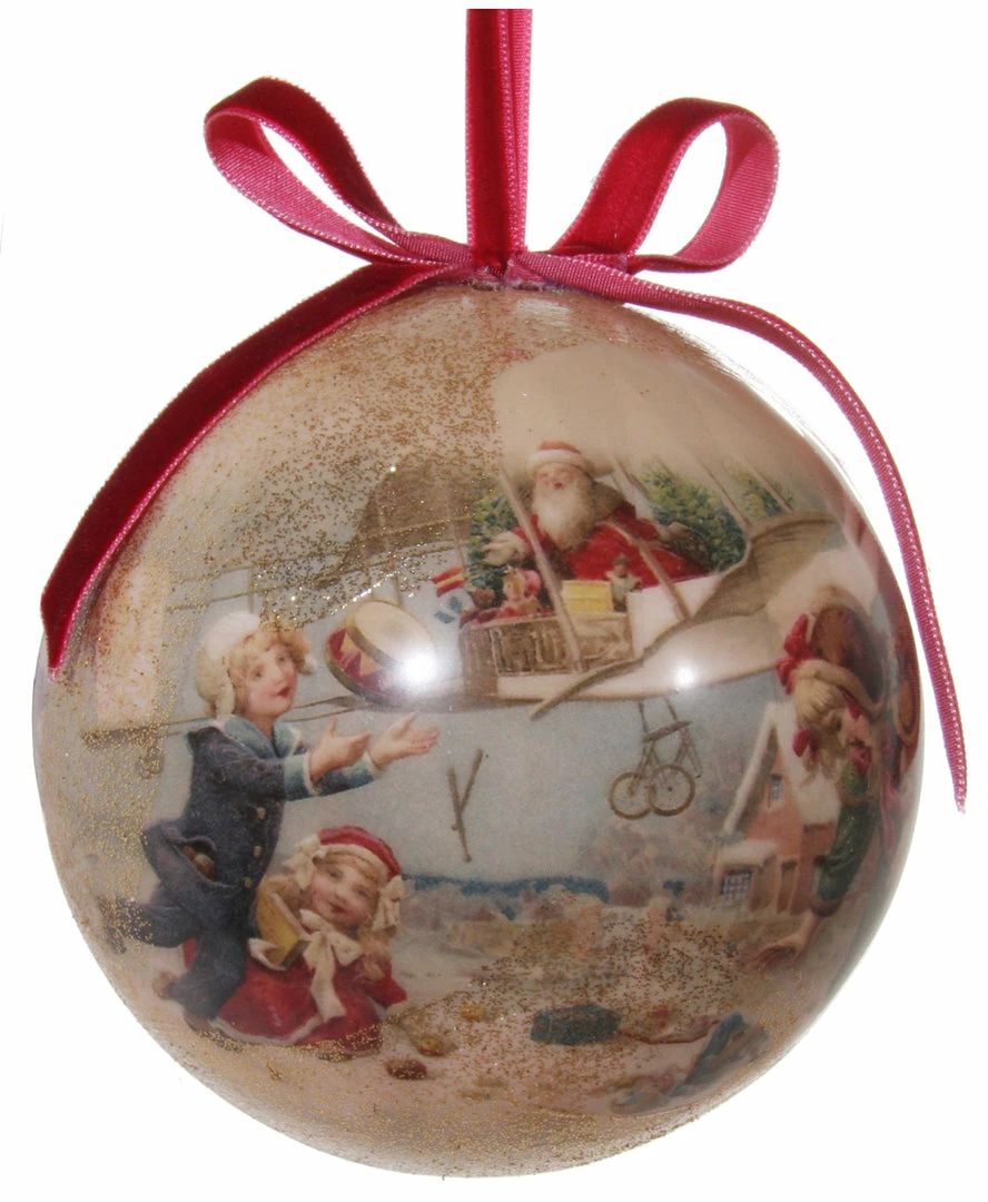 ShiShi Victorian Christmas Decoupage Ball Ornament, Santa's Airplane Delivery