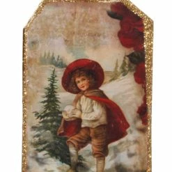 ShiShi Victorian Christmas Postcard Ornament, Child Paying In The Snow
