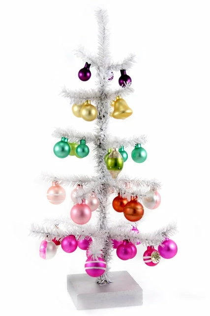 Cody Foster New! White Tinsel Tree Decorated With Colorful Glass Ornaments, 16.5"