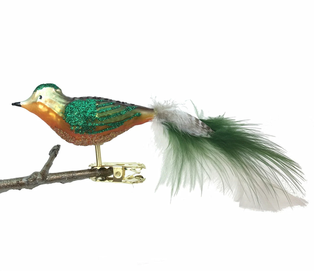 Old German Christmas Orange & Green Glitter Bird Clip With Feathers